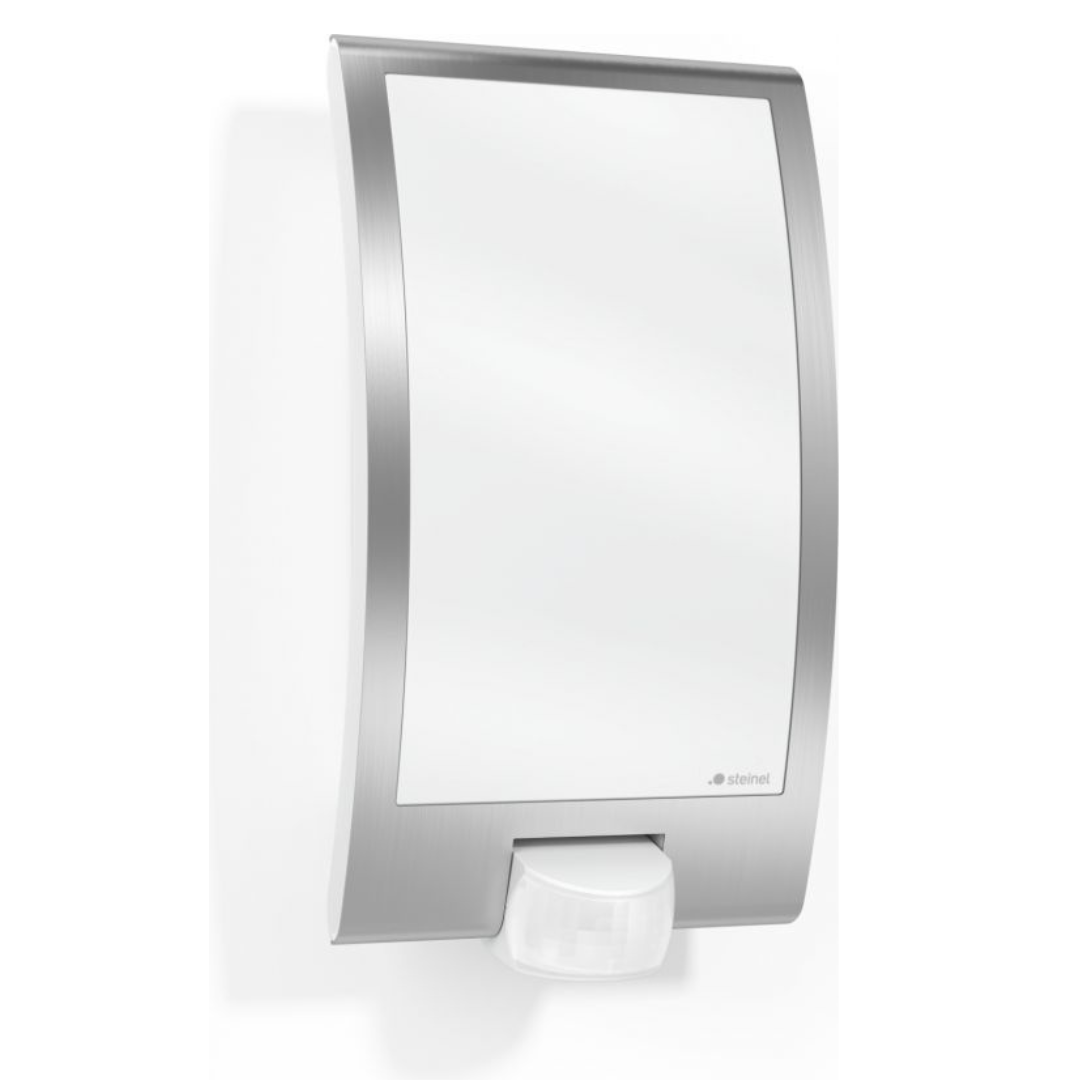 Āra sienas gaismeklis ar kustības sensoru, metāliska (inox), E27, maksimāla jauda līdz 60W, sensora attālums 10m un 180°, IP44, IK07, L 22 S, STEINEL