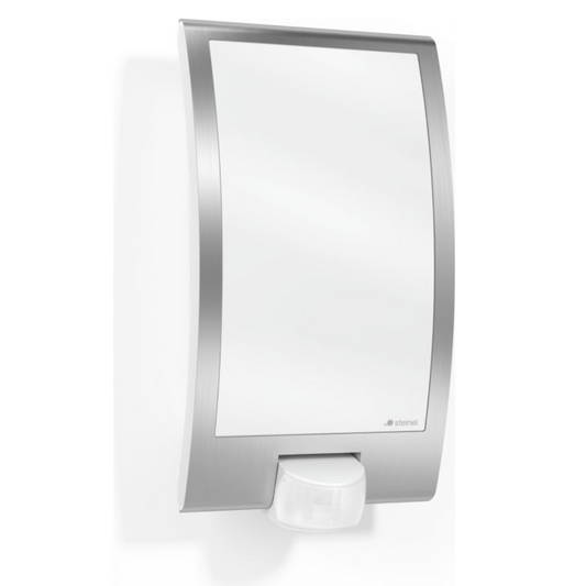 Āra sienas gaismeklis ar kustības sensoru, metāliska (inox), E27, maksimāla jauda līdz 60W, sensora attālums 10m un 180°, IP44, IK07, L 22 S, STEINEL