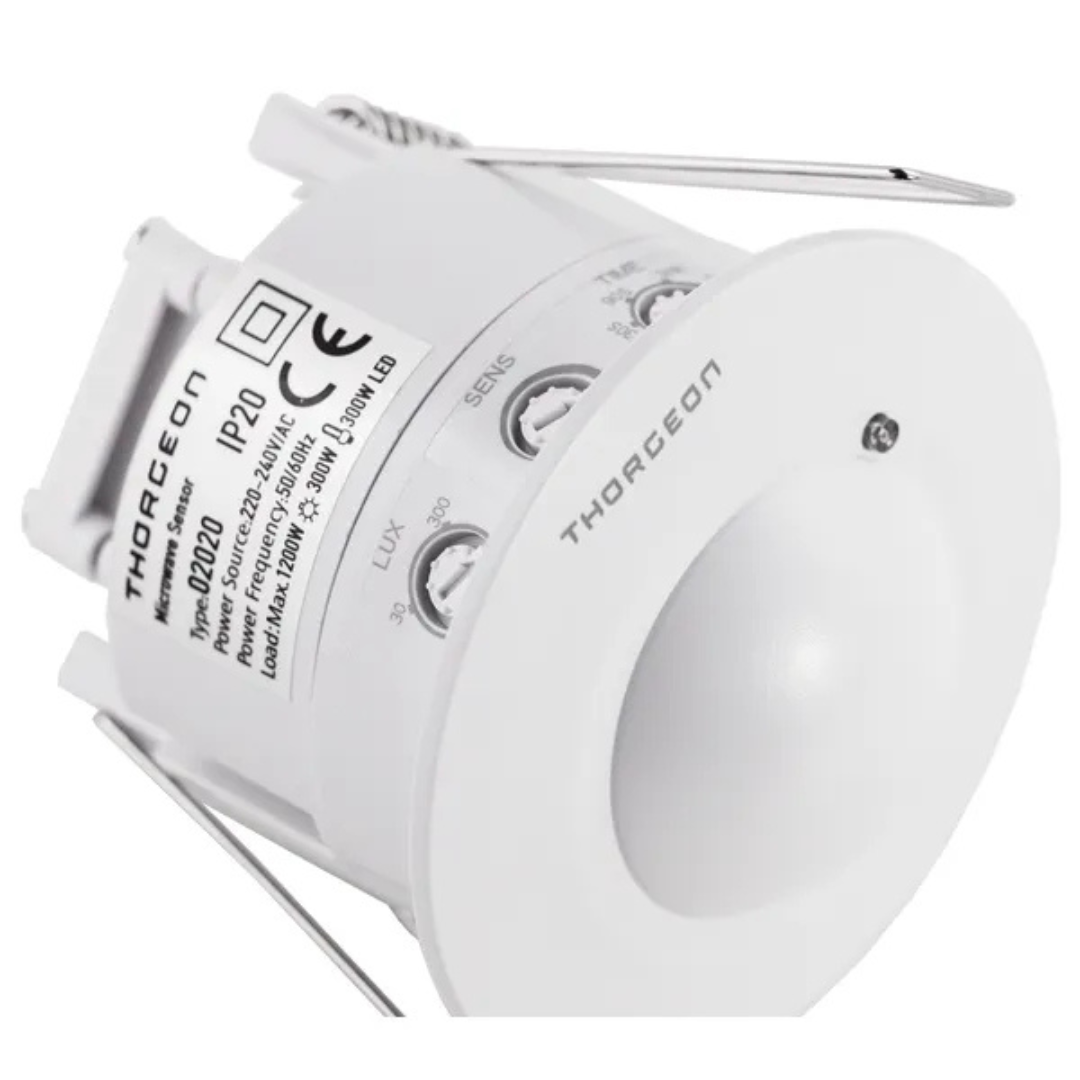 Mikroviļņu kustības sensors, balts, zemapmetuma, 360 grādi, 6m darbības radius, IP20, 300W, Thorgeon
