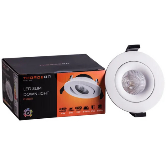 Gaismeklis LED, iebūvējams, Downlight, balts, 10W, 3000K/4000K/5700K, 800Lm, 220V, IP44, dimmējama, 83mm cauruma diametrs, THORGEON