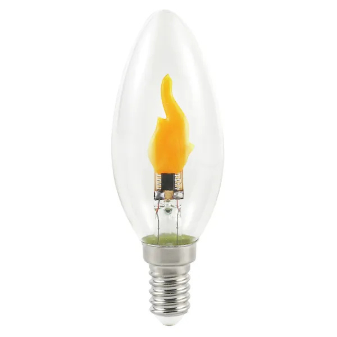 LED Spuldze ar sveču liesmas imitāciju, dekorācijas apgaismojums, caurspīdīgs stikls, 0.5W, E14, siltais spektrs 1800K, 8lm, B35, 230-240V