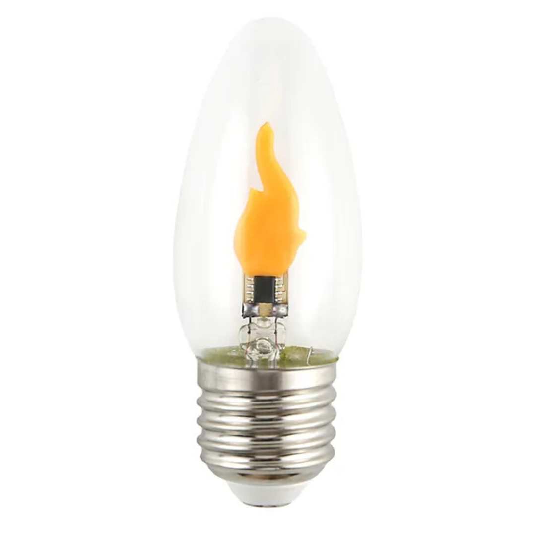 LED Spuldze ar sveču liesmas imitāciju, dekorācijas apgaismojums, caurspīdīgs stikls, 0.5W, E27, siltais spektrs 1800K, 8lm, B35, 230-240V