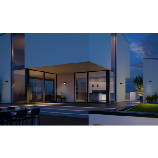 Āra sienas gaismeklis (spot) ar 2 kustības sensoriem, antracīts, 2xGU10, ar 2 spuldzem komplektā - 7.9W, 3000K, 2x512lm, IP44, sensoru attālums 10m un 90°, ar Bluetooth savienojumu un vadību, Spot DUO SC, STEINEL