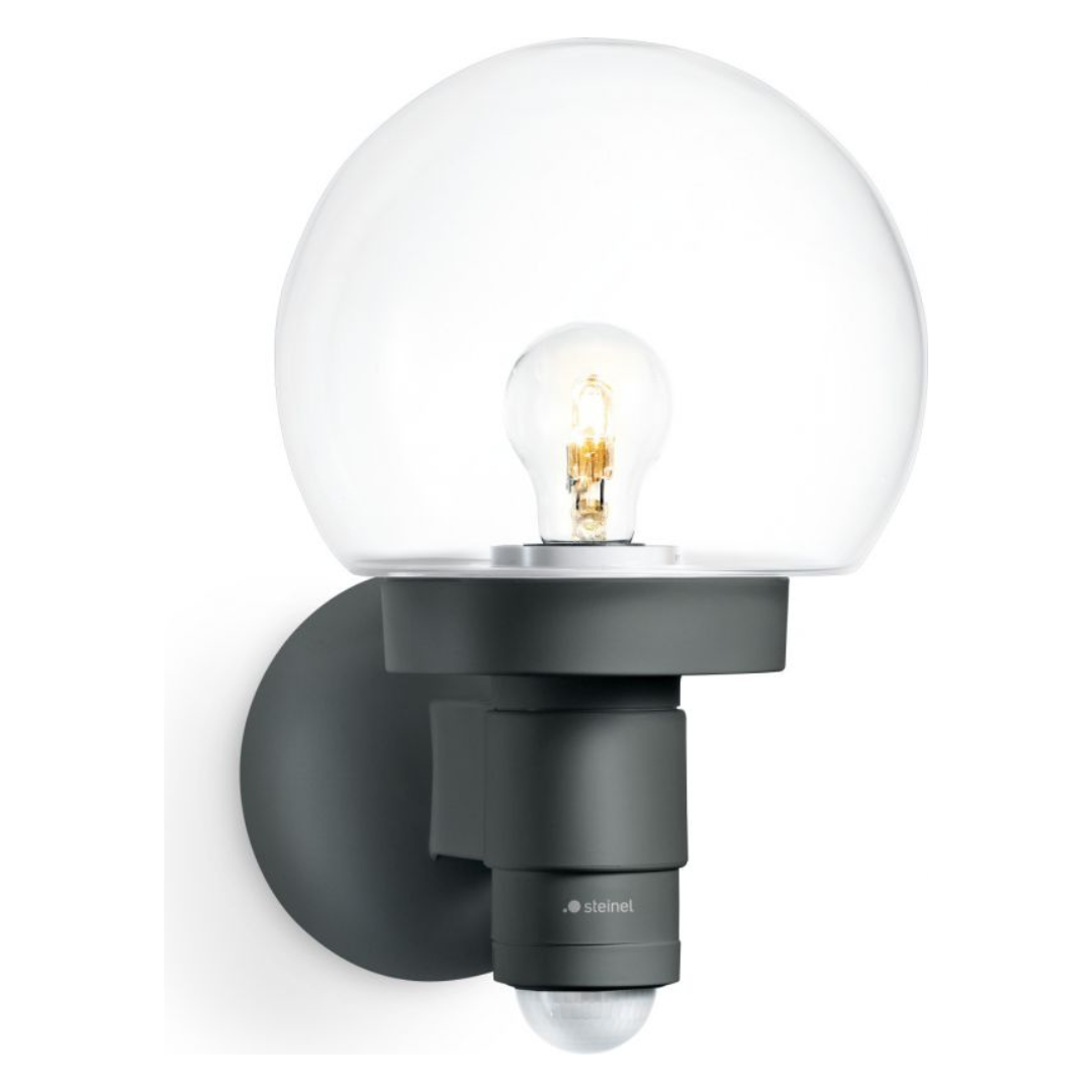 Āra sienas gaismeklis ar kustības sensoru, antracīts, E27, maksimāla jauda līdz 60W, maksimālais sensora attālums 12m un 240°, IP44, soft light start, L 115 S, STEINEL