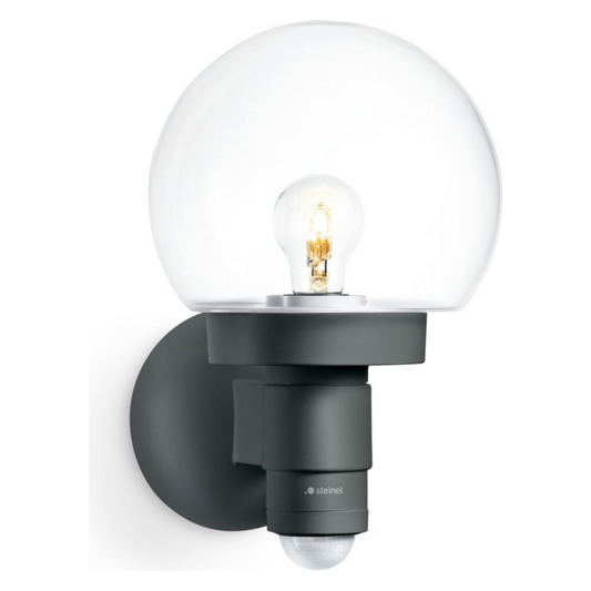 Āra sienas gaismeklis ar kustības sensoru, antracīts, E27, maksimāla jauda līdz 60W, maksimālais sensora attālums 12m un 240°, IP44, soft light start, L 115 S, STEINEL