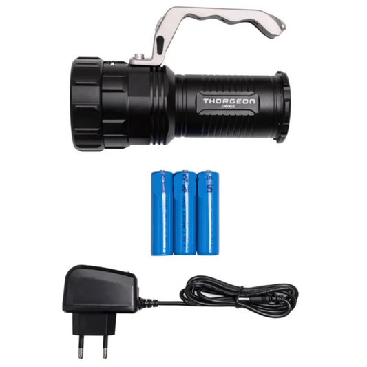 LED lukturis, 10W, 800Lm, IP44, akumulators 3x2300mAh, darbības laiks līdz 10 stundām, izgaismo līdz 800m, izmēri 165x110x75mm, THORGEON