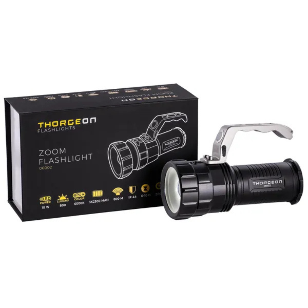 LED lukturis, 10W, 800Lm, IP44, akumulators 3x2300mAh, darbības laiks līdz 10 stundām, izgaismo līdz 800m, izmēri 165x110x75mm, THORGEON