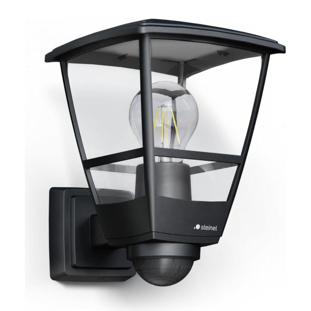 Āra sienas gaismeklis ar kustības sensoru, melns, E27, maksimāla LED jauda līdz 15W, sensora attālums 7.5m un 180°, IP44, IK07, L 10 S, STEINEL