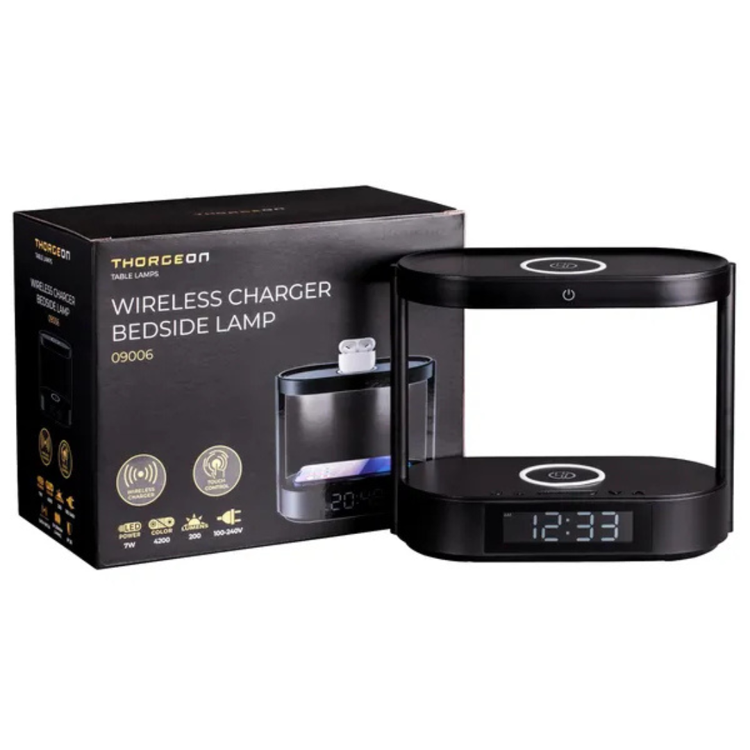 Galda lampa LED 7W (200lm) ar 2 bezvadu ladētājiem un pulksteni, THORGEON