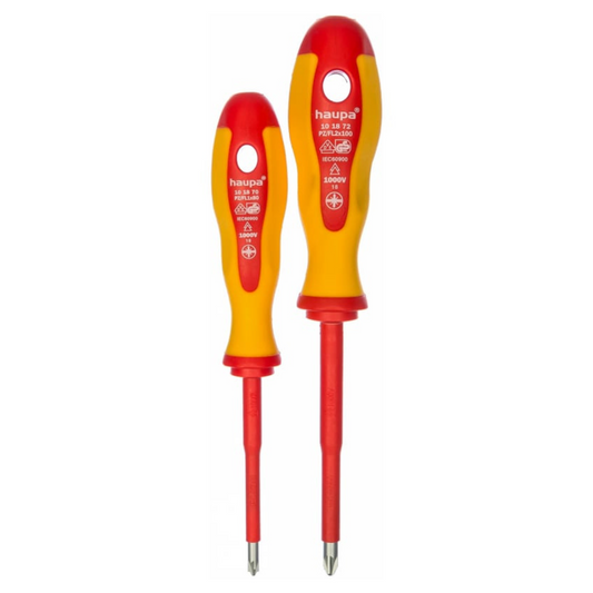 Skrūvgriežu komplekts, VDE, 2K, PZ/FL, krusta plakanie skrūvgriežņi, piemeroti automātslēdžu kontakt skrūvju skrūvēšanai, HAUPA