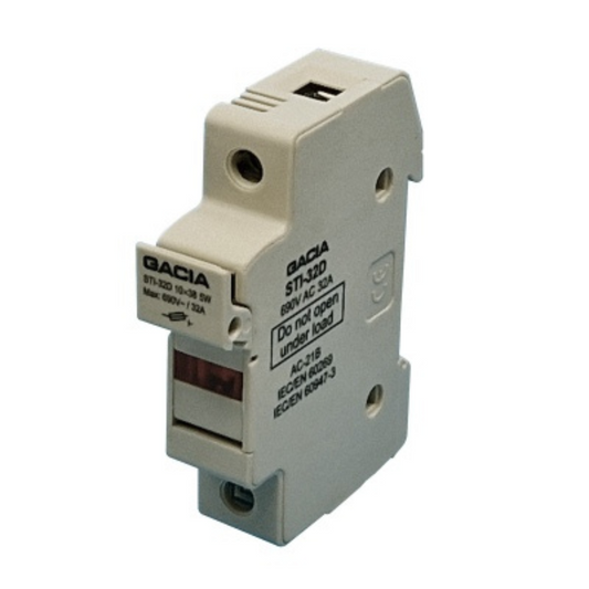 Cilindrisko drošinātāju 10x38 blokslēdzis, LED, 1P, 32A, 690V, STID-32-1, GACIA