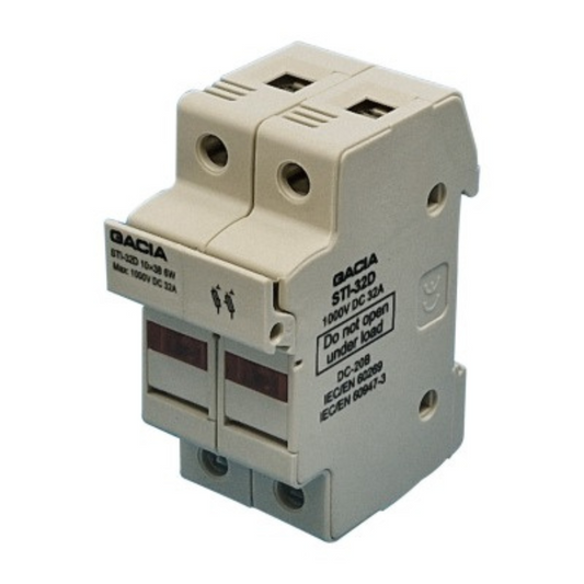 Cilindrisko drošinātāju 10x38 blokslēdzis, LED, 2P, 32A, 1000V, STIDPV-32-2, GACIA