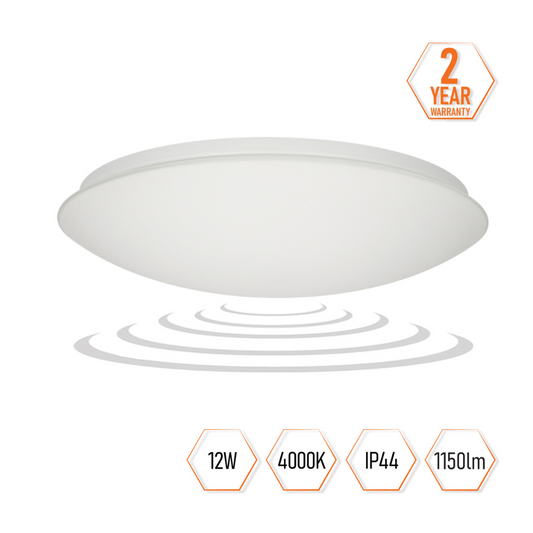 LED Gaismeklis apaļšs, 12W, 220-240V/50Hz, IP44, 1150lm, 4000K, ar mikroviļņu sensoru (kustības sensoru)