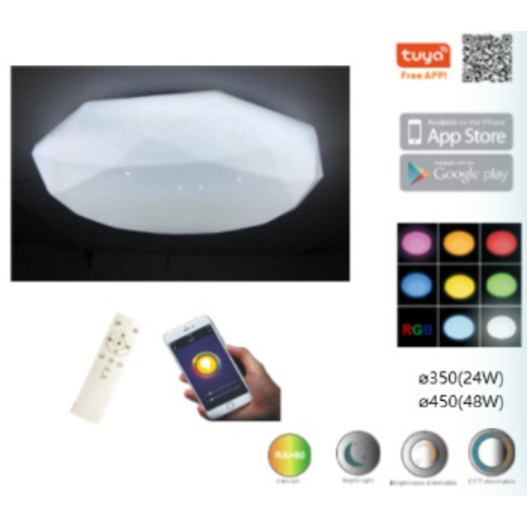 Griestu dimējams LED gaismeklis ar pulti, var vadīt arī caur viedtalruni, TUYA, 48W, SMD2835, RGB, 3600Lm, 3000-6500K, D510*H110 mm, Spector Light