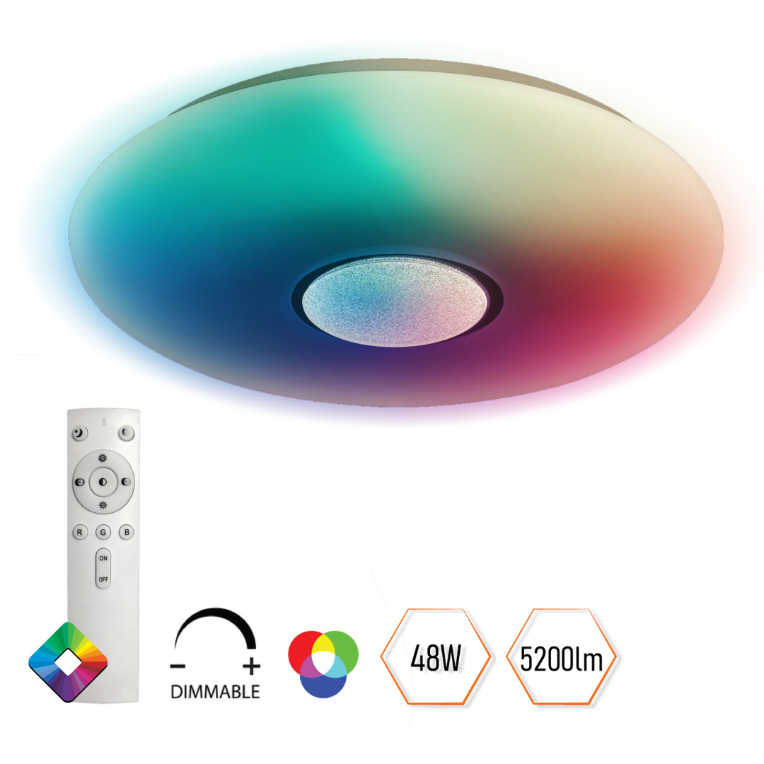 Griestu dimējams LED gaismeklis ar pulti, 48W, SMD2835, RGB, 3600Lm, 3000-6500K, TUYA, D490*H75 mm, Spector Light