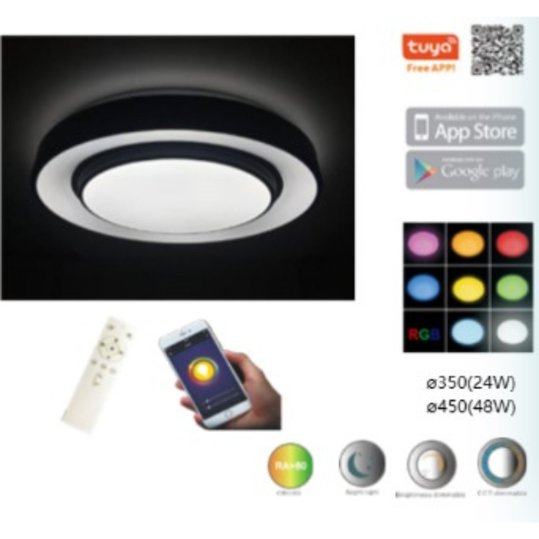 Griestu dimējams LED gaismeklis ar pulti, 48W, SMD2835, RGB, 3600Lm, 3000-6500K, TUYA, D480*H75 mm, Spector Light