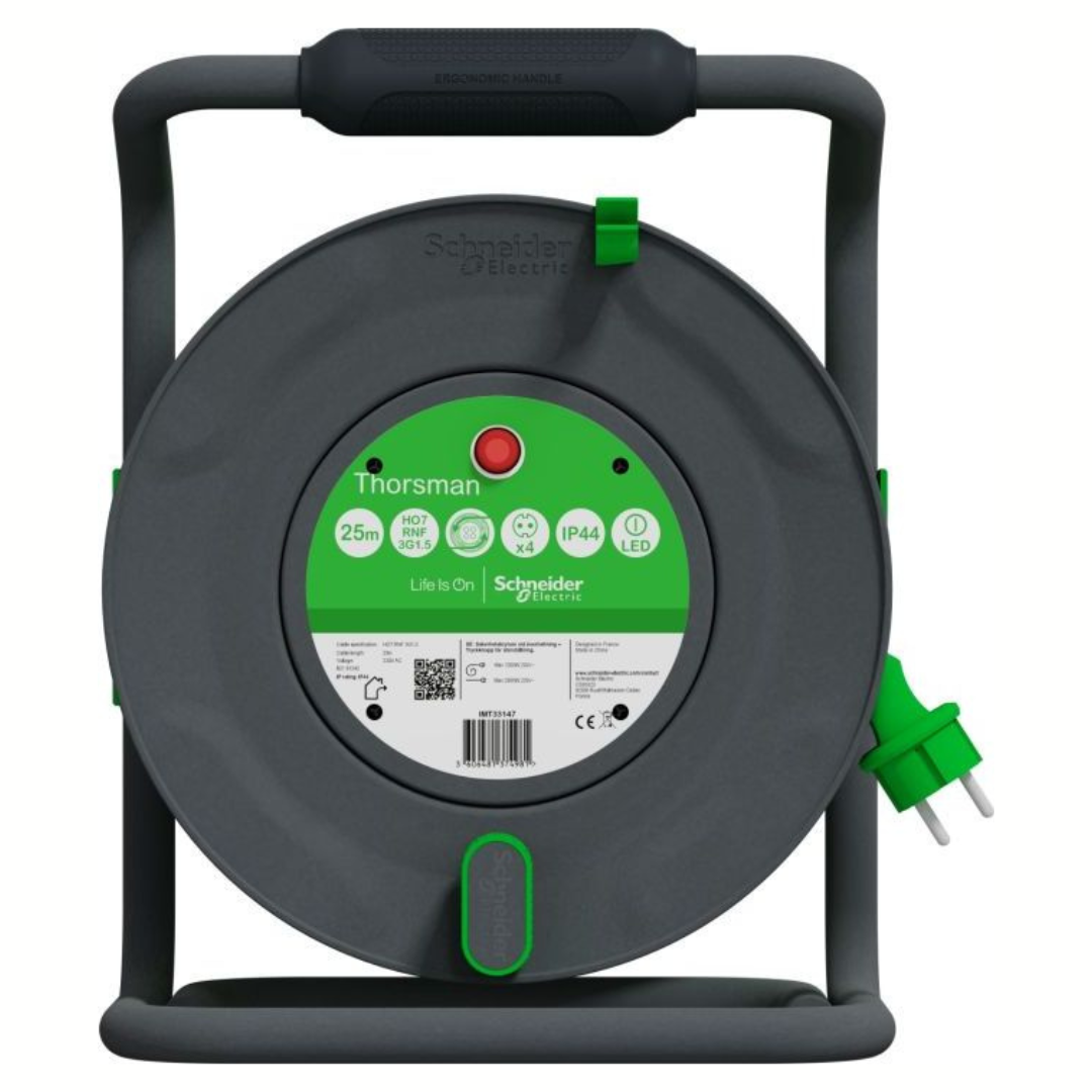 Pagarinātājs uz spoles, 4-vietīgs, 25m, vads 3x1.5, 16A, IP44, Schneider Electric
