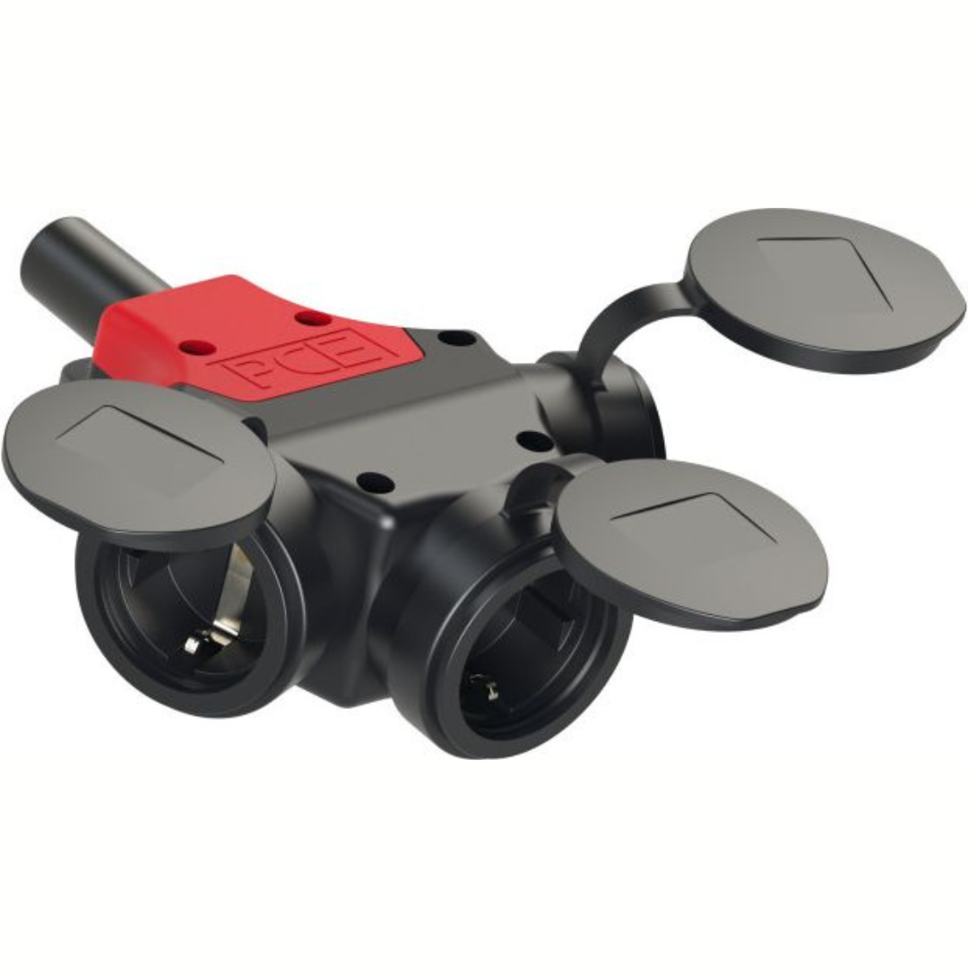 Kontaktligzda vadam 3-vietīga ar pieslēgumu 3 atsevišķām fāzēm, IP44, 16A, 250V, 3p (2P+E), melna ar sarkanu, PCE