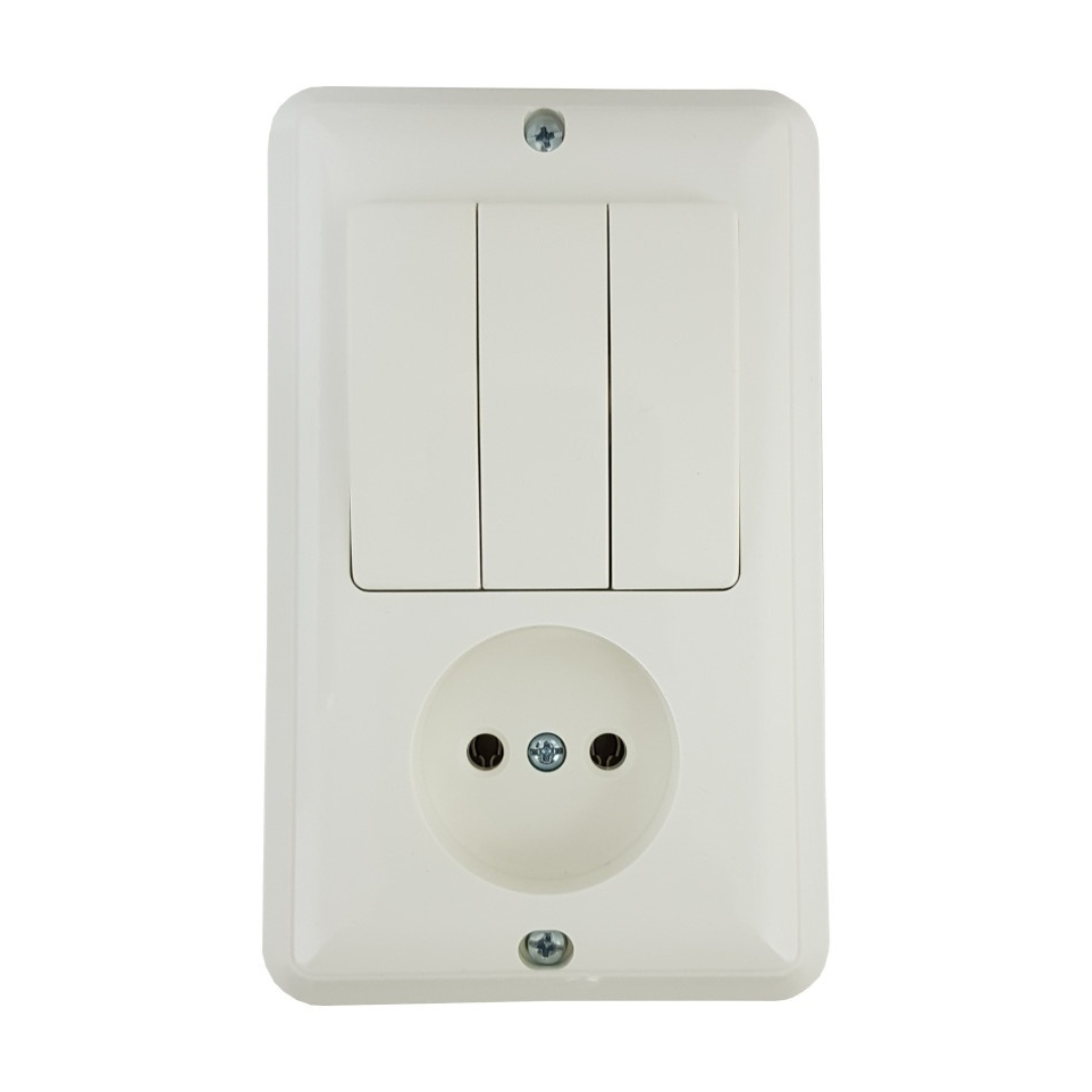 Trīs slēdžu bloks ar kontaktligzdu, zemapmetuma, uzstādams vecā padomju bloka vietā neko nemainot, REML Rūpnīca