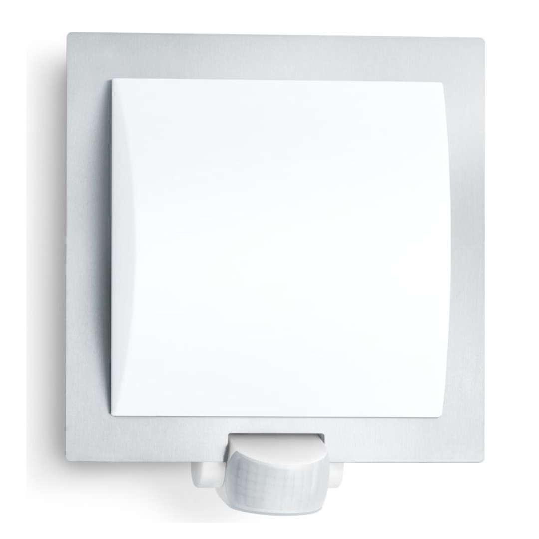 Āra sienas gaismeklis ar kustības sensoru, metāliska (inox), E27, maksimāla jauda līdz 60W, sensora attālums 10m un 180°, IP44, IK07, L 20 S, STEINEL