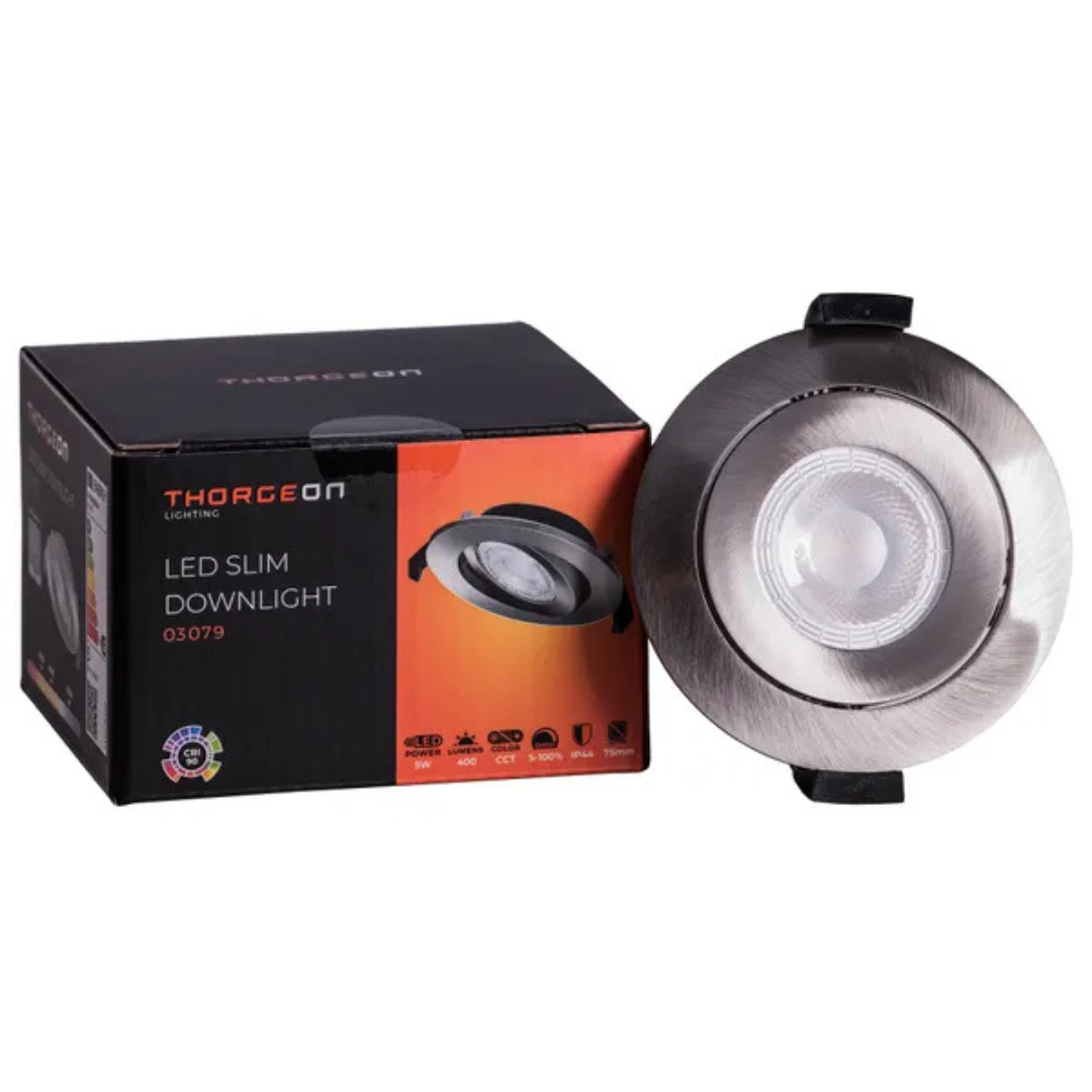 Gaismeklis LED, iebūvējams, plāns, matēts niķelis, 5W, 3000K/4000K/5700K, 400Lm, IP44, 50°, CRI>90, dimmējama, 70-75mm cauruma diametrs, ar iekšējo draiveri, THORGEON