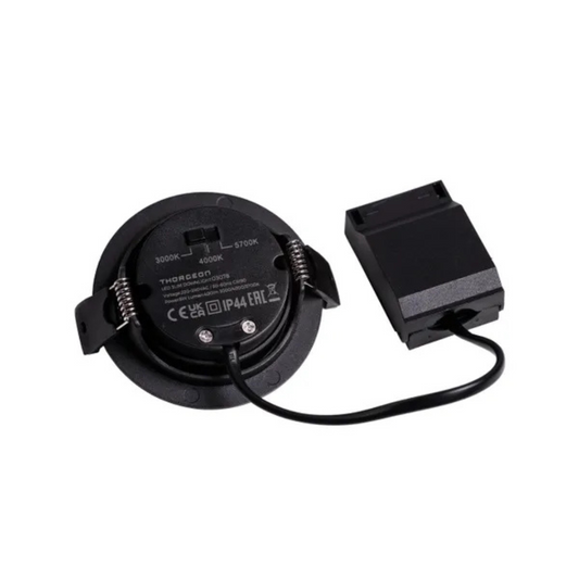 Gaismeklis LED, iebūvējams, plāns, melns, 5W, 3000K/4000K/5700K, 400Lm, IP44, 50°, CRI>90, dimmējama, 70-75mm cauruma diametrs, ar iekšējo draiveri, THORGEON