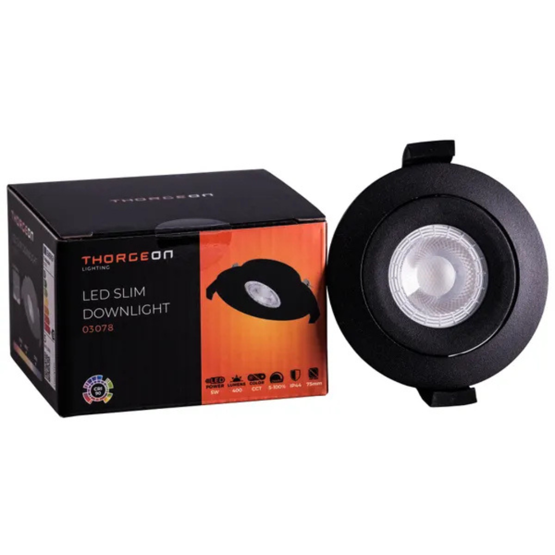 Gaismeklis LED, iebūvējams, plāns, melns, 5W, 3000K/4000K/5700K, 400Lm, IP44, 50°, CRI>90, dimmējama, 70-75mm cauruma diametrs, ar iekšējo draiveri, THORGEON