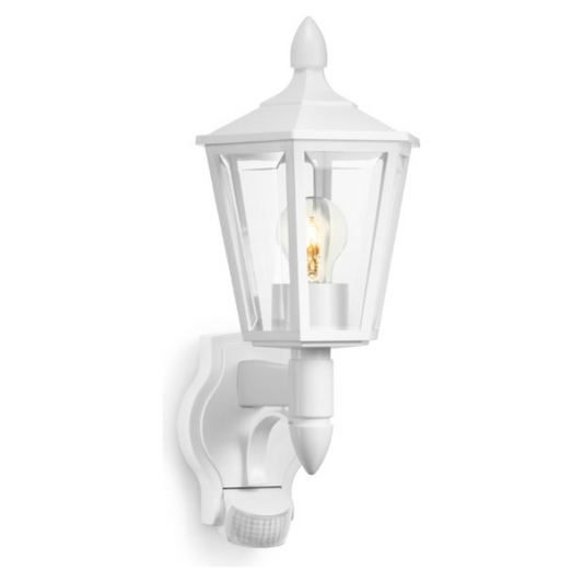 Āra sienas gaismeklis ar kustības sensoru, balts, E27, maksimāla jauda līdz 60W, sensora attālums 10m un 180°, IP44, L 15 S, STEINEL