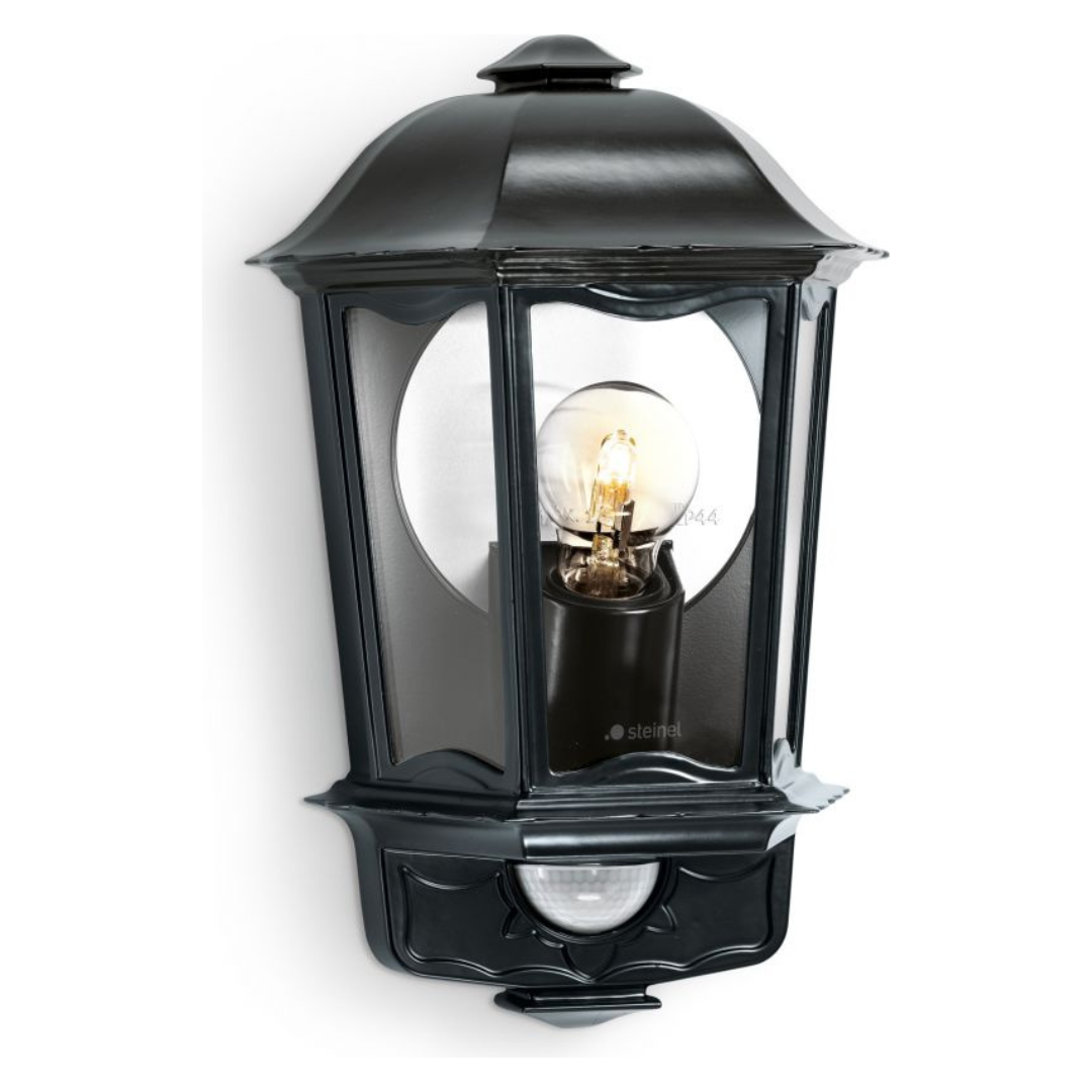 Āra sienas gaismeklis ar kustības sensoru, melns, E27, maksimāla jauda līdz 100W, sensora attālums 12m un 180°, IP44, L 190 S, STEINEL