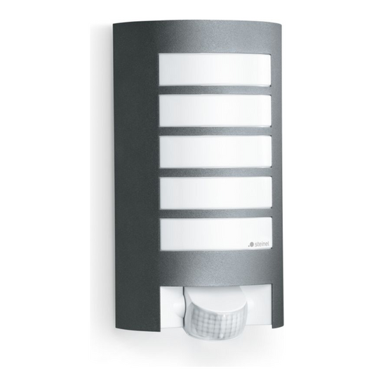 Āra sienas gaismeklis ar kustības sensoru, antracīts, E27, maksimāla jauda līdz 60W, maksimālais sensora attālums 10m un 180°, IP44, IK07, L 12 S, STEINEL