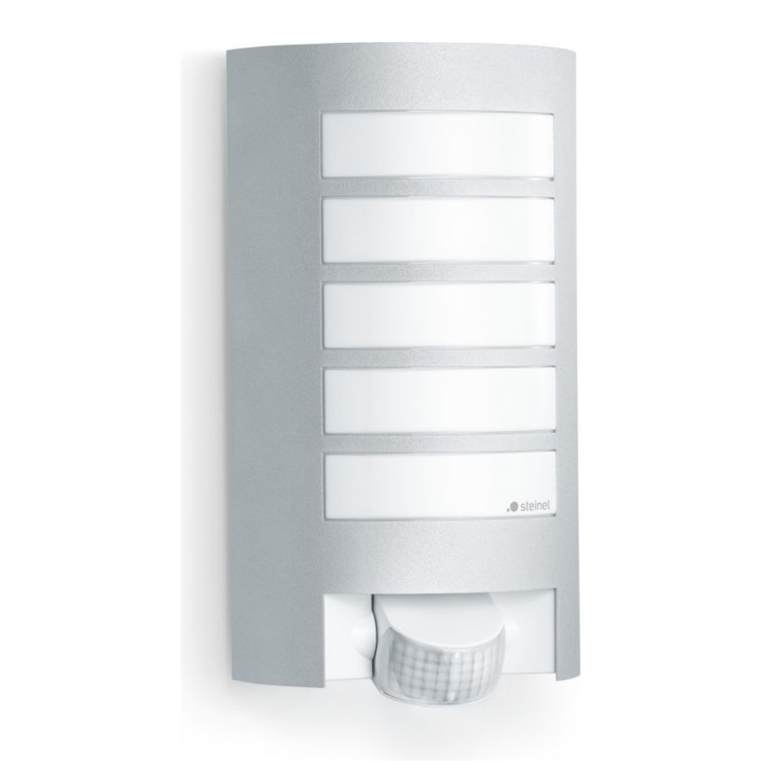 Āra sienas gaismeklis ar kustības sensoru, sudrabs, E27, maksimāla jauda līdz 60W, maksimālais sensora attālums 10m un 180°, IP44, IK07, L 12 S, STEINEL