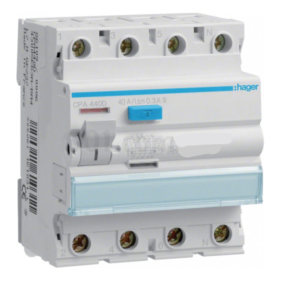 Noplūdes strāvas slēdzis 4P 40A 300mA, A type, S (selective), HAGER