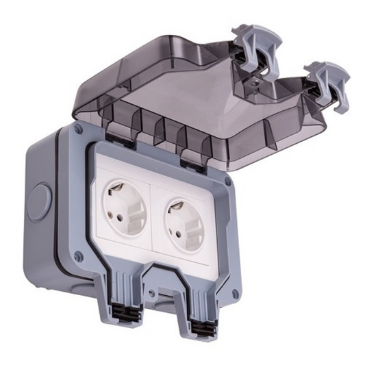 Rozete dubultā a/z, virsapmetuma, laikapstākļiem izturīga, 250V, 16A, IP66, HiSmart