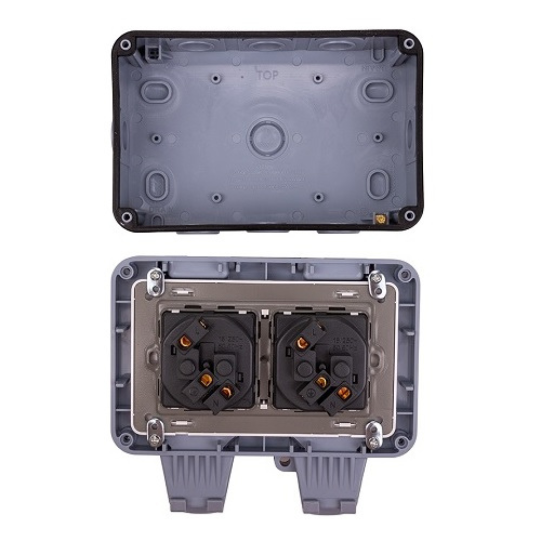 Rozete dubultā a/z, virsapmetuma, laikapstākļiem izturīga, 250V, 16A, IP66, HiSmart