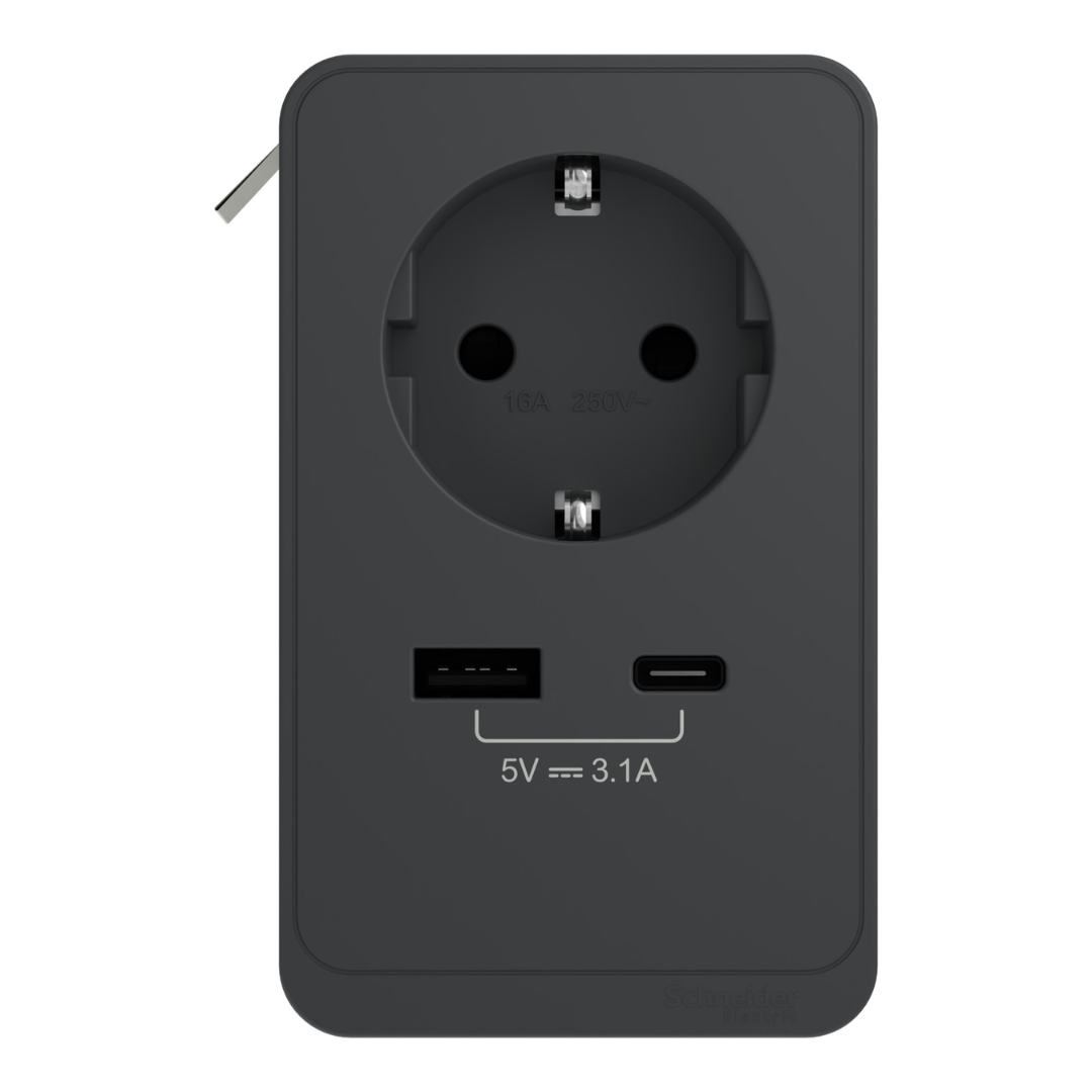 Galda bloks S, kontaktligzda, antracīts, 16A, 250V, MAX 3680W, USB - 5V 3.1A, INS44051, Unica sistēma+, Schneider Electric