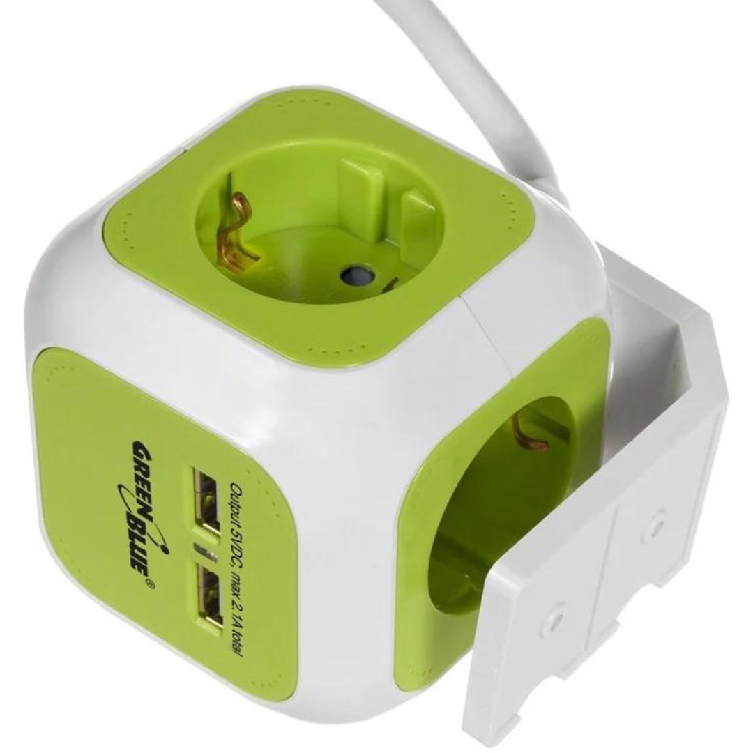 Strāvas sadalītājs / Pagarinātājs GreenBlue MagicCube GB118, vada garums 1.4m, Iezemētas 4 rozetes, USB Lādētājs 2 gab., krāsa balta/zaļa