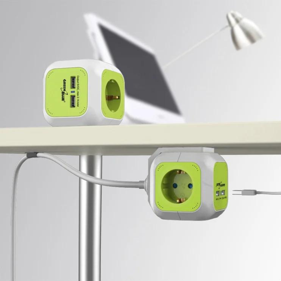 Strāvas sadalītājs / Pagarinātājs GreenBlue MagicCube GB118, vada garums 1.4m, Iezemētas 4 rozetes, USB Lādētājs 2 gab., krāsa balta/zaļa