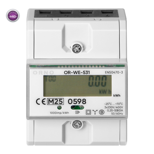 Elektroenerģijas skaitītājs 3F ar LCD displeju, aizņem 4.5 mod., ar MID sertifikātu, 80A, uz DIN sliedes, OR-WE-520, ORNO