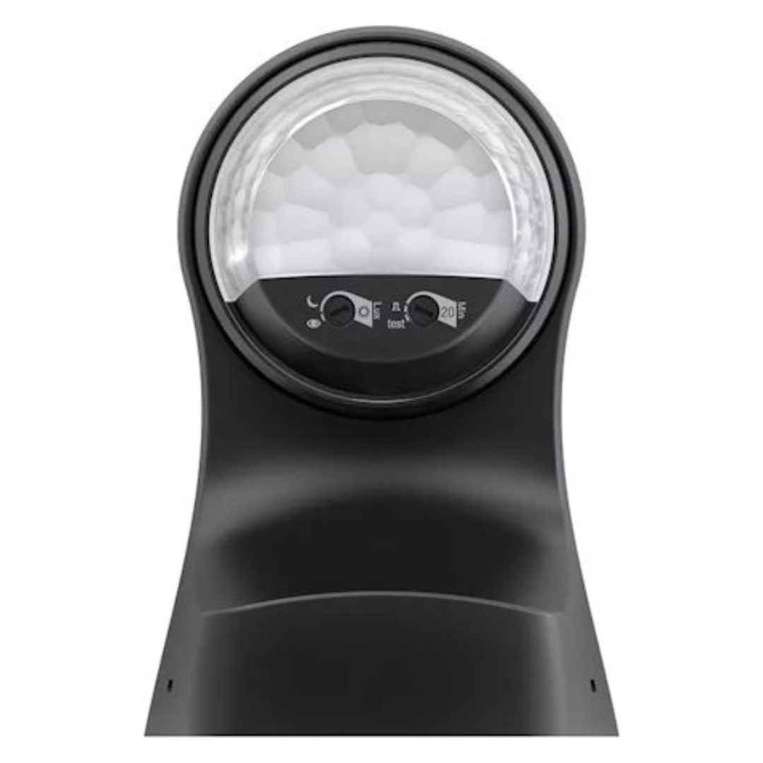 Infrasarkanais kustības sensors, paredzēts uzstādīšanai uz sienas, darbības diapazons 180grādi - līdz 12m, IP55, LED 500W, cita slodze 2300W, melns, theLuxa S180 BK, THEBEN