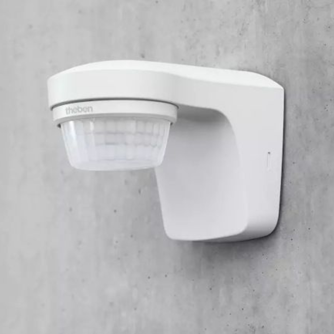 Infrasarkanais kustības sensors, paredzēts uzstādīšanai uz sienas, darbības diapazons 180grādi - līdz 12m, IP55, LED 500W, cita slodze 2300W, balts, theLuxa S180 WH, THEBEN