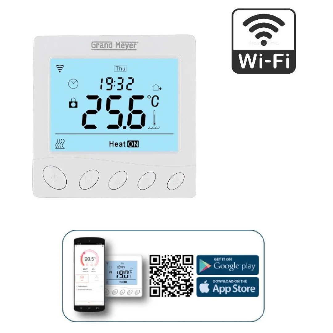 Termoregulators ar grīdas/telpas sensoru, WiFi, 5-60gr.C, 16A, 230V, balts, W350, Grand Meyer