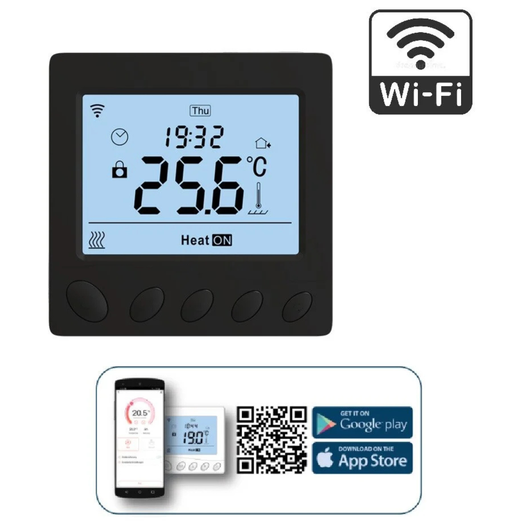 Termoregulators ar grīdas/telpas sensoru, WiFi, 5-60gr.C, 16A, 230V, melns, W390, Grand Meyer