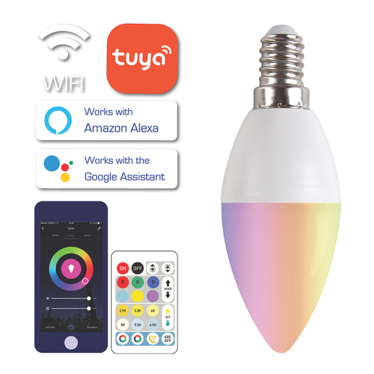 LED Spuldze RGB ar pulti, TUYA, WIFI, C37, E14, 5w, 480lm