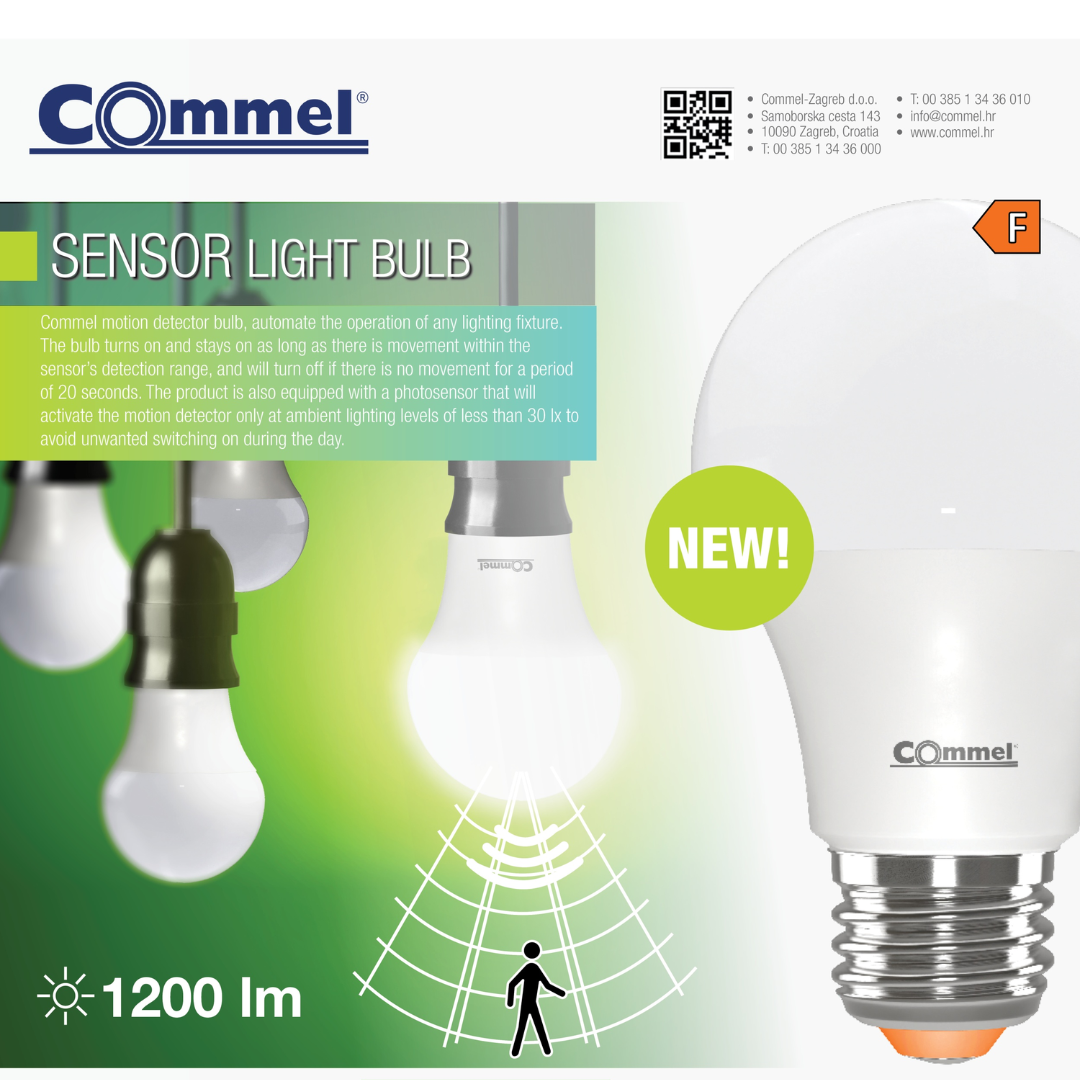 LED spuldze ar kustības sensoru, 3-5m, 12W, E27, 4000K, 30000h, 1200lm, COmmel