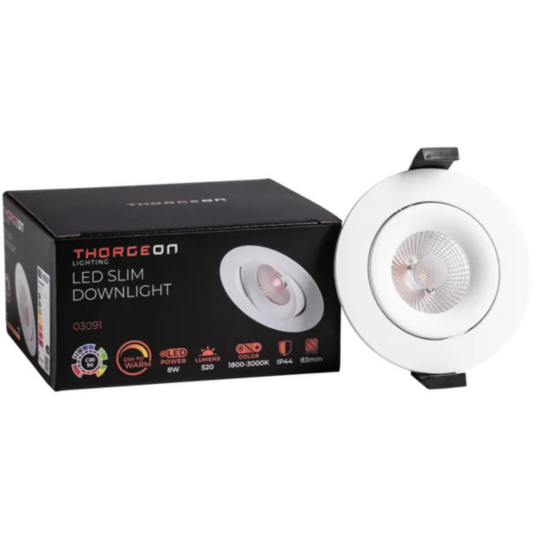 Gaismeklis LED, iebūvējams, balts, 8W, dimmējams - 1800-3000K, 520Lm, IP44, 38°, CRI>90, 83mm cauruma diametrs, ar iekšējo draiveri, THORGEON