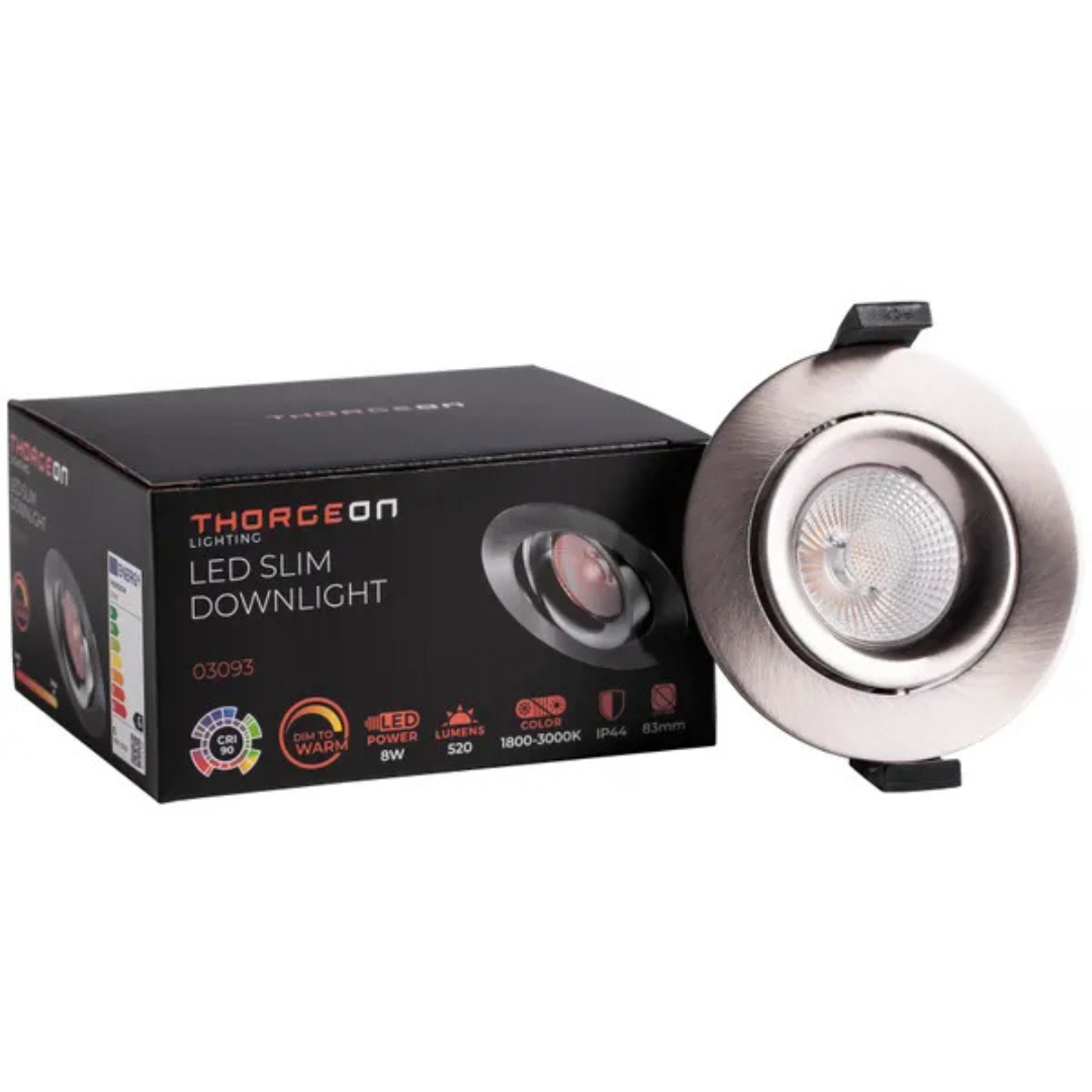 Gaismeklis LED, iebūvējams, matēts niķelis, 8W, dimmējams - 1800-3000K, 520Lm, IP44, 38°, CRI>90, 83mm cauruma diametrs, ar iekšējo draiveri, THORGEON