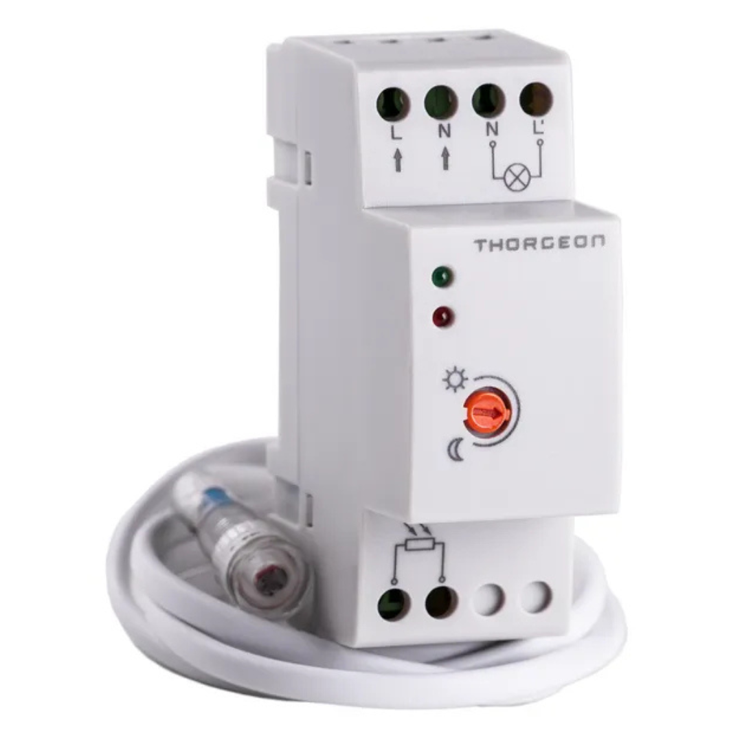 Krēslas slēdzis uz DIN sliedes ar iznesamo sensoru, IP65, 300W, maksimālā komutācijas jauda 1200W, 20A, 02011, THORGEON