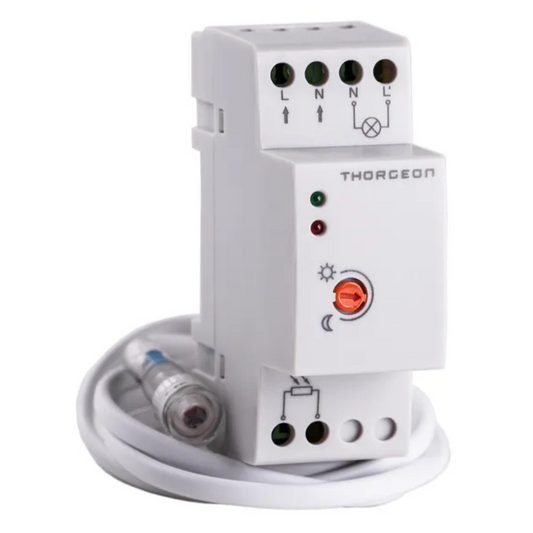 Krēslas slēdzis uz DIN sliedes ar iznesamo sensoru, IP65, 300W, maksimālā komutācijas jauda 1200W, 20A, 02011, THORGEON