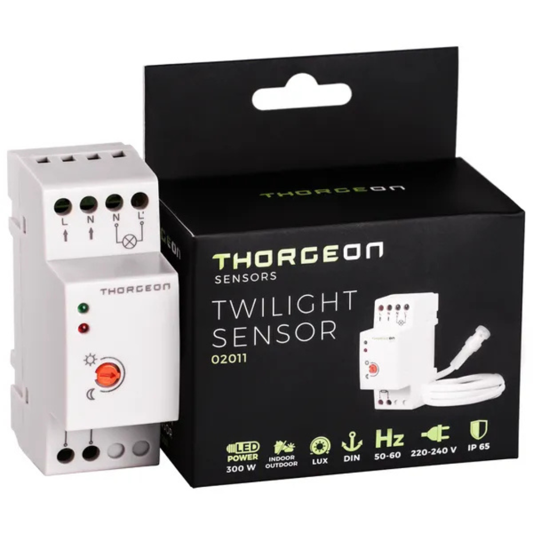 Krēslas slēdzis uz DIN sliedes ar iznesamo sensoru, IP65, 300W, maksimālā komutācijas jauda 1200W, 20A, 02011, THORGEON