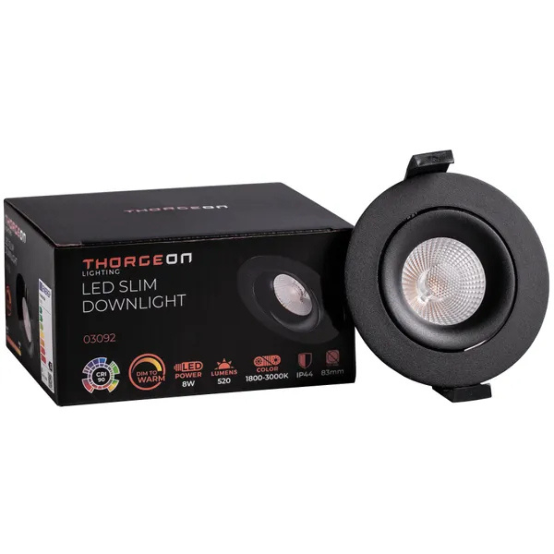 Gaismeklis LED, iebūvējams, melns, 8W, dimmējams - 1800-3000K, 520Lm, IP44, 38°, CRI>90, 83mm cauruma diametrs, ar iekšējo draiveri, THORGEON